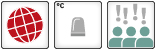 Three  icons: 1. Global Core Tipping element: Icon of a globe with all surface colored; 2. Threshold: One flashlight, gray; 3. High confidence: Icon with three human figures and four exclamation marks